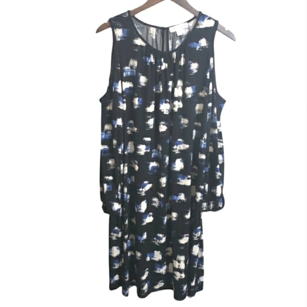 JCPENNY Boutique Black Blue White Cold Shoulder Dress Keyhole Back Size 1X